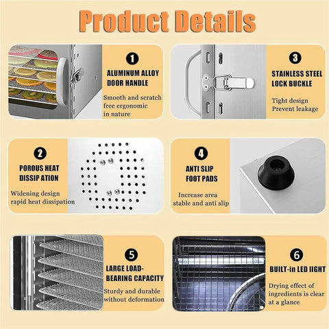 Product details of Top Shelf Electric Food Dehydrator Delivering Hella Steady Airflow showing features and materials.