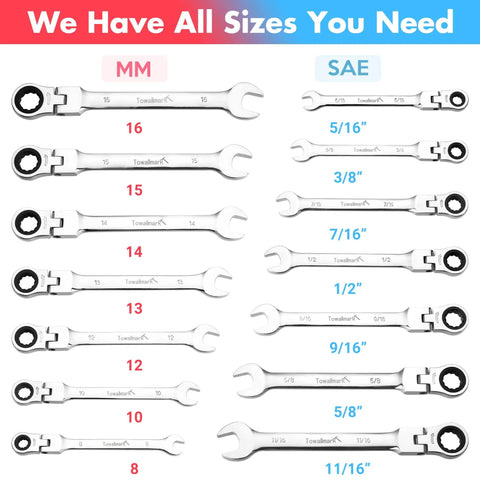 14-Piece Flex-Head Ratcheting Wrench Set With 72-Tooth Cr-V Steel Wrenches, SAE And Metric sizes labeled, on white background