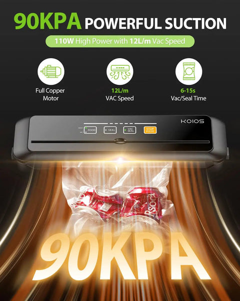 Automatic Vacuum Sealer Machine With Built In Cutter, 90KPa Vacuum, sealing candy bags, highlighting powerful suction, black