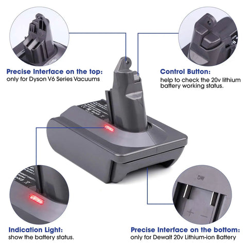 Configuration diagram of DW20V6 Vacuum Adapter For Dyson V6 Series And DeWalt 20V Battery, showing buttons and interfaces.