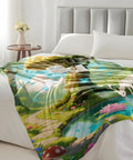 Coastal Boat Blanket Cozy Flannel Throw for Couch and Bed, Ocean View Art in Blues and Sandy Beiges, on a bed