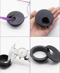 2 Inch Desk Grommets 50mm Black Cable Management Kit 5 Pack shown with cords, hand, caliper measurement, and separate cover
