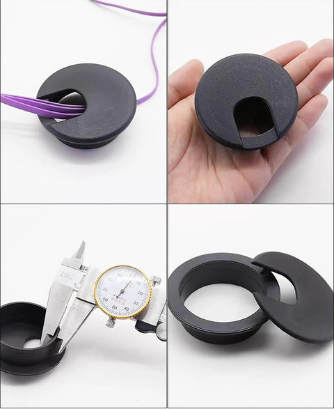 2 Inch Desk Grommets 50mm Black Cable Management Kit 5 Pack shown with cords, hand, caliper measurement, and separate cover