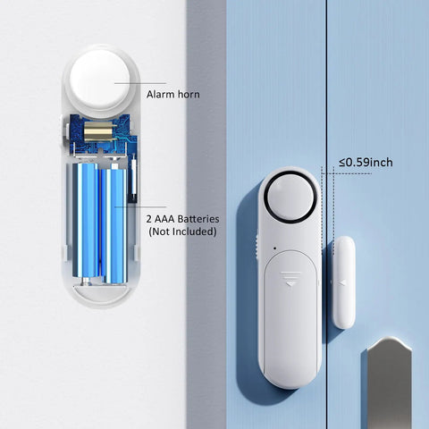 Two Pack Window And Door Alarm Kit With Remote For Home Safety And Dementia Care installed on a blue door, showing alarm horn and battery section.