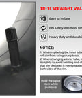 Close-up of TR-13 straight valve on heavy duty 13x6.50-6 inner tube with instructions for inflating and installation steps.