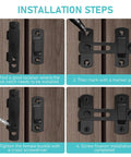 Four Pack Black Stainless Steel Sliding Barn Door Latches installation steps on wooden door panels showing lock placement and securing process.