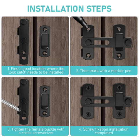 Four Pack Black Stainless Steel Sliding Barn Door Latches installation steps on wooden door panels showing lock placement and securing process.