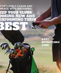 Golf Club Cleaner With Ergonomic Grip And 2.5 Feet Retractable Cord, Pink, Replaceable Bristle Heads And Groove Cleaner For Clean Clubs And Sharper Shots On The Course, clipped to a golf bag