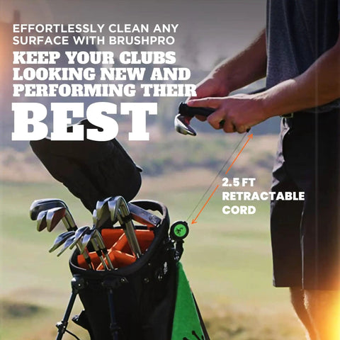 Golf Club Cleaner With Ergonomic Grip And 2.5 Feet Retractable Cord, Pink, Replaceable Bristle Heads And Groove Cleaner For Clean Clubs And Sharper Shots On The Course, clipped to a golf bag