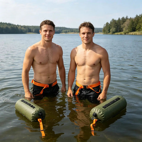Two men holding Do It All 3 In 1 Inflatable Water Weight Bag For Camping, Swim Float And Tent Anchor, 10L green in a lake