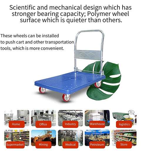 Swap Out Those Wobbly Rollers For This Heavy Duty 4 Inch Push Cart Wheel Set Double Ball Bearing Casters For Flatbed Trucks Tough Polyurethane Replacement Plates Handle Loads Up To 265 Pounds Without Breaking A Sweat on a blue push cart.