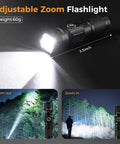 Rechargeable Mini Magnet Flashlight 1200 Lumen Zoomable EDC Light with 3.3 inch length showing adjustable zoom and weight 60g