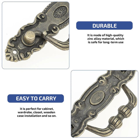 Close-up of 4 Pack Vintage Zinc Alloy Drawer Pulls Handles With Gold Finish For Dresser Cabinets And Furniture Antique Cabinet Knobs Retro Decor Hardware Set For Kitchen Bookcase Closets showing detail and craftsmanship.