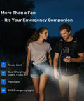 Couple walking at night with Go-To Portable Waist And Neck Cooling Fan With 10000mAh Battery and light in use