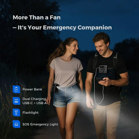 Couple walking at night with Go-To Portable Waist And Neck Cooling Fan With 10000mAh Battery and light in use