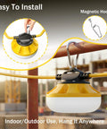 Heavy Duty 120Ft LED Construction String Lights With 12 Waterproof Bulbs showing magnetic hooks for easy installation on jobsite