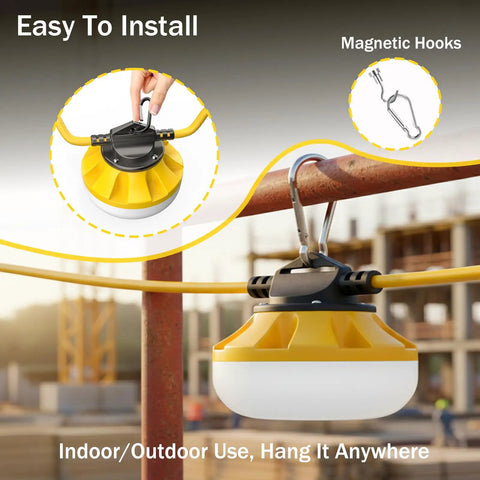 Heavy Duty 120Ft LED Construction String Lights With 12 Waterproof Bulbs showing magnetic hooks for easy installation on jobsite