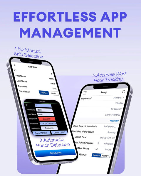 Effortless app management interface showing biometric time clock features for Downright Slick Biometric Fingerprint Time Clock.