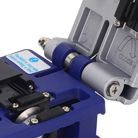 Close-up of Cocoarm FC 6S Fiber Optic Splitter with tungsten steel cutter showing automatic slide rail mechanism.