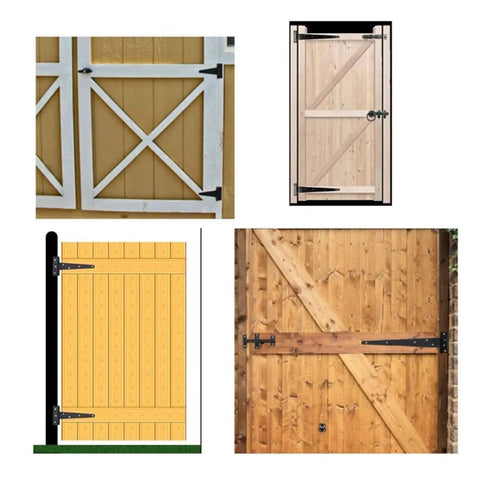 Beefy Heavy Duty Metal Door Hinges Set Ten Pack 3/4/6 Inch Gate Strap Hinges on wooden gates in outdoor use