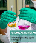 Kick Ass Chemical Resistant Gloves 10 Pack Heavy Duty Nitrile Work Protective Gear Built Different For Acid Oil Alkali Defense 12 Inch Long Rock Solid Industrial worn during chemical handling in a lab.