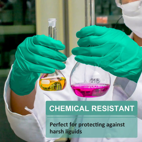Heavy Duty Nitrile Chemical Resistant Work Gloves 10 Pairs Long Cuff Industrial Grade Oil Proof Acid Alkali Protection Reusable Rubber Hand Savers Tough As A Brick For Garage And Job Sites Medium holding chemistry flasks.