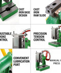 Beefy Professional Grade Manual Arbor Press Machine Anchored By A Solid Cast Iron Base Desktop Punch Stamping Tool showing cast iron parts and controls.