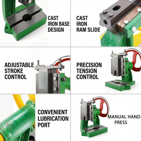 Beefy Professional Grade Manual Arbor Press Machine Anchored By A Solid Cast Iron Base Desktop Punch Stamping Tool showing cast iron parts and controls.