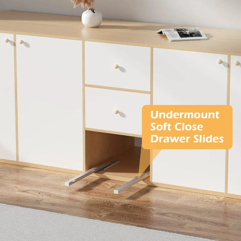 Heavy Duty Pair Of Undermount Drawer Slides With Soft Close Full Extension Bottom Mount Glide Kit For Kitchen Cabinets showing installed beneath a modern cabinet.