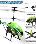 Close-up of Kids RC Helicopter With 8 Light Modes And Easy Controls, 26 Minute Flight, green design, alloy structure, and flexible propellers.
