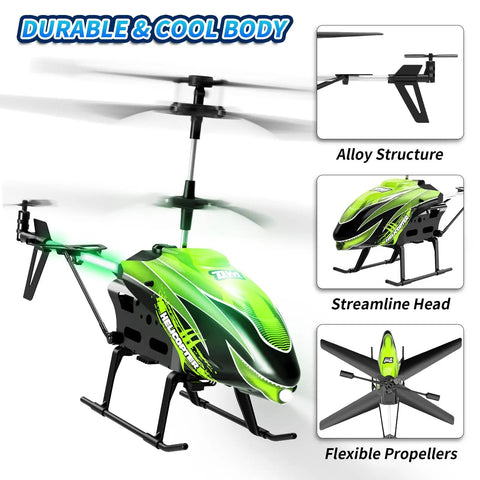 Close-up of Kids RC Helicopter With 8 Light Modes And Easy Controls, 26 Minute Flight, green design, alloy structure, and flexible propellers.