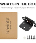 Straight Shooter Matte Black Cabinet Hinges With One Half Inch Full Overlay And Ten Pack Including Screws And Door Bumpers For Dead Quiet Closing On Kitchen Cabinets And Drawers showing 10 cabinet hinges and screws.