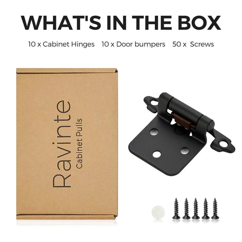 Straight Shooter Matte Black Cabinet Hinges With One Half Inch Full Overlay And Ten Pack Including Screws And Door Bumpers For Dead Quiet Closing On Kitchen Cabinets And Drawers showing 10 cabinet hinges and screws.