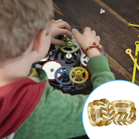 Child assembling gears with M3 Heat Set Brass Threaded Inserts For Plastic, Knurled Embedding Nuts For 3D Printing shown inset