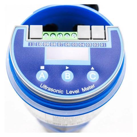Top Shelf Ultrasonic Level Sensor With 10m Range And 4 To 20mA Output For Precise Liquid Depth Measurement Featuring Rs485 Protocol and display panel.