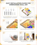 Installation steps for punch needle kit with 16 inch wood frame for beginners, showing tools and completed floral wall art.
