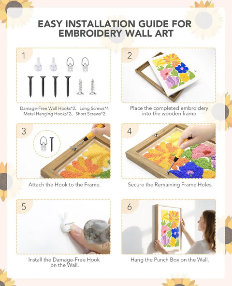 Installation steps for punch needle kit with 16 inch wood frame for beginners, showing tools and completed floral wall art.