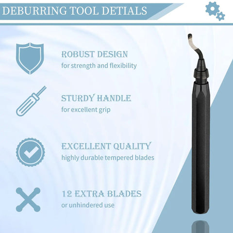 Workhorse Deburring Tool With 12 HSS Blades And Quick Swap Handle for 3D prints metal PVC plastic, black metal handle shown