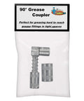 90 Degree Grease Coupler Snaps On To Tight Space Grease Fittings, Fits Standard Grease Gun Couplers, Works With Flex Hose Or Rigid Pipe, 3 Jaw Snap On Design For Hard To Reach Zerk Fittings on packaged metal grease fitting coupler