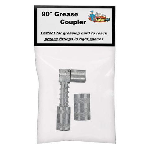 90 Degree Grease Coupler Snaps On To Tight Space Grease Fittings, Fits Standard Grease Gun Couplers, Works With Flex Hose Or Rigid Pipe, 3 Jaw Snap On Design For Hard To Reach Zerk Fittings on packaged metal grease fitting coupler