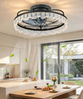 Yunstore Glowlings Rustic Flower Caged Ceiling Fan with Light (Matte Black) enhancing a modern kitchen atmosphere.