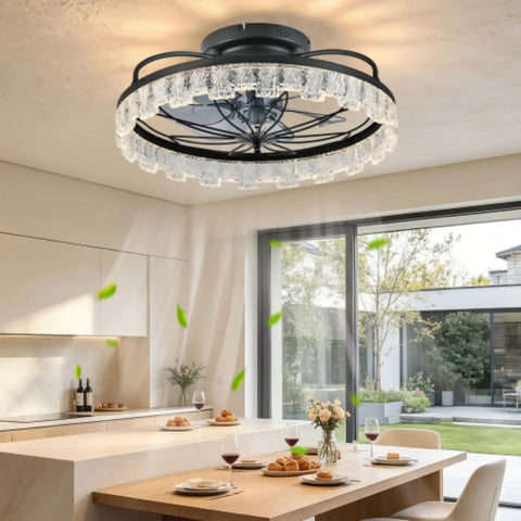 Yunstore Glowlings Rustic Flower Caged Ceiling Fan with Light (Matte Black) enhancing a modern kitchen atmosphere.