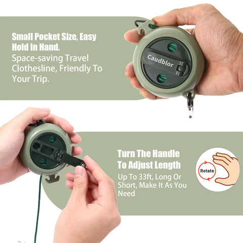 Hand holding Lightweight Travel Clothesline Cord 33ft Adjustable Outdoor Indoor Laundry Rope with winding mechanism