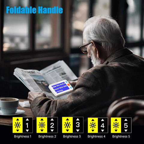 Elderly man using Must Have Portable Digital Magnifier Reading Aid With Foldable Handle 5.0 Inch LCD Screen 4X To 32X Zoom.