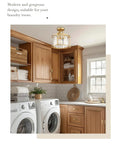 Crystal Semi Flush Mount Chandelier With Gold Finish Open Cylinder Frame Enclosing Clear Crystals in a laundry room