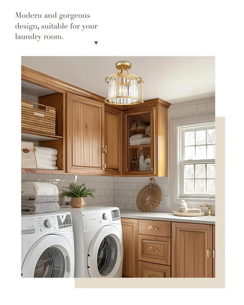 Crystal Semi Flush Mount Chandelier With Gold Finish Open Cylinder Frame Enclosing Clear Crystals in a laundry room