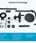 Outdoor Shower Kit With 304 Stainless Steel 8 Inch Shower Head And 2 In 1 Cylinder Handheld Spray Dual Function Easy Install Wall Mount Faucet Matte Black Weatherproof Finish package contents displayed.