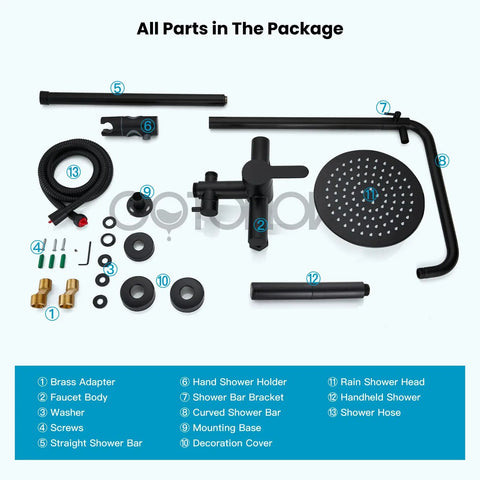 Outdoor Shower Kit With 304 Stainless Steel 8 Inch Shower Head And 2 In 1 Cylinder Handheld Spray Dual Function Easy Install Wall Mount Faucet Matte Black Weatherproof Finish package contents displayed.