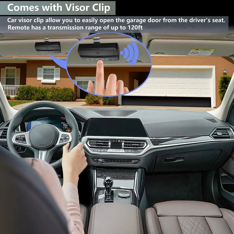 Driver using All-In-One Universal Garage Door Remote Works With LiftMaster Chamberlain Genie Craftsman Linear Wayne Dalton Overhead Doors Replacement For Learn Button Or Dip Switch 1983 To Current with visor clip in car interior, garage in view.