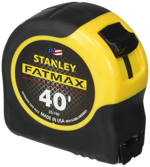 Dual Pack 40 Foot Tape Measure With Extended Reach And One Thirty Second Inch Precision For Builders Renovators Outdoor Projects And DIY Enthusiasts For Reliable Readouts, showing yellow and black case with American flag.